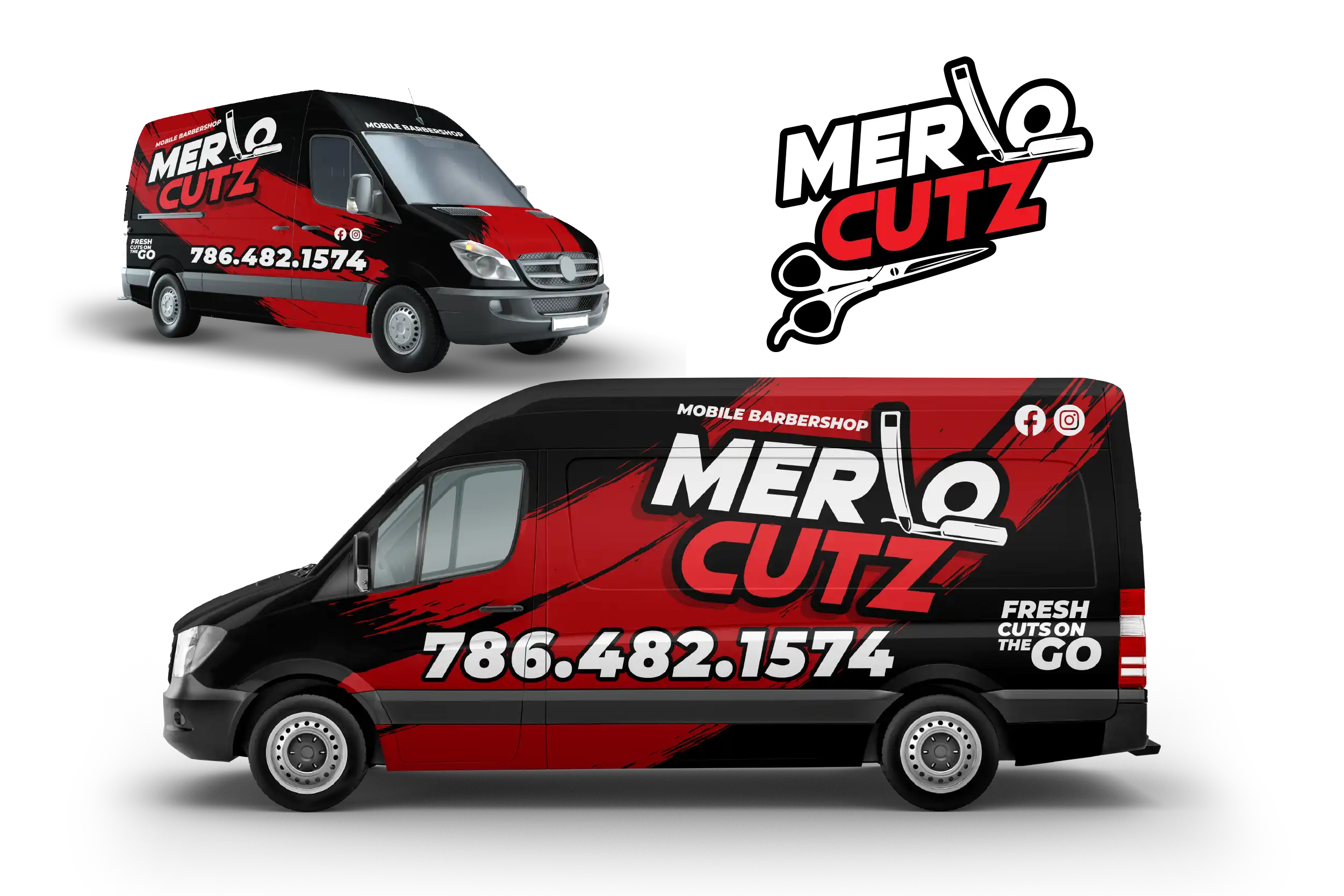 Merlo Cutz mobile barber van wrap design with bold red and black branding created by Vectorio Graphics