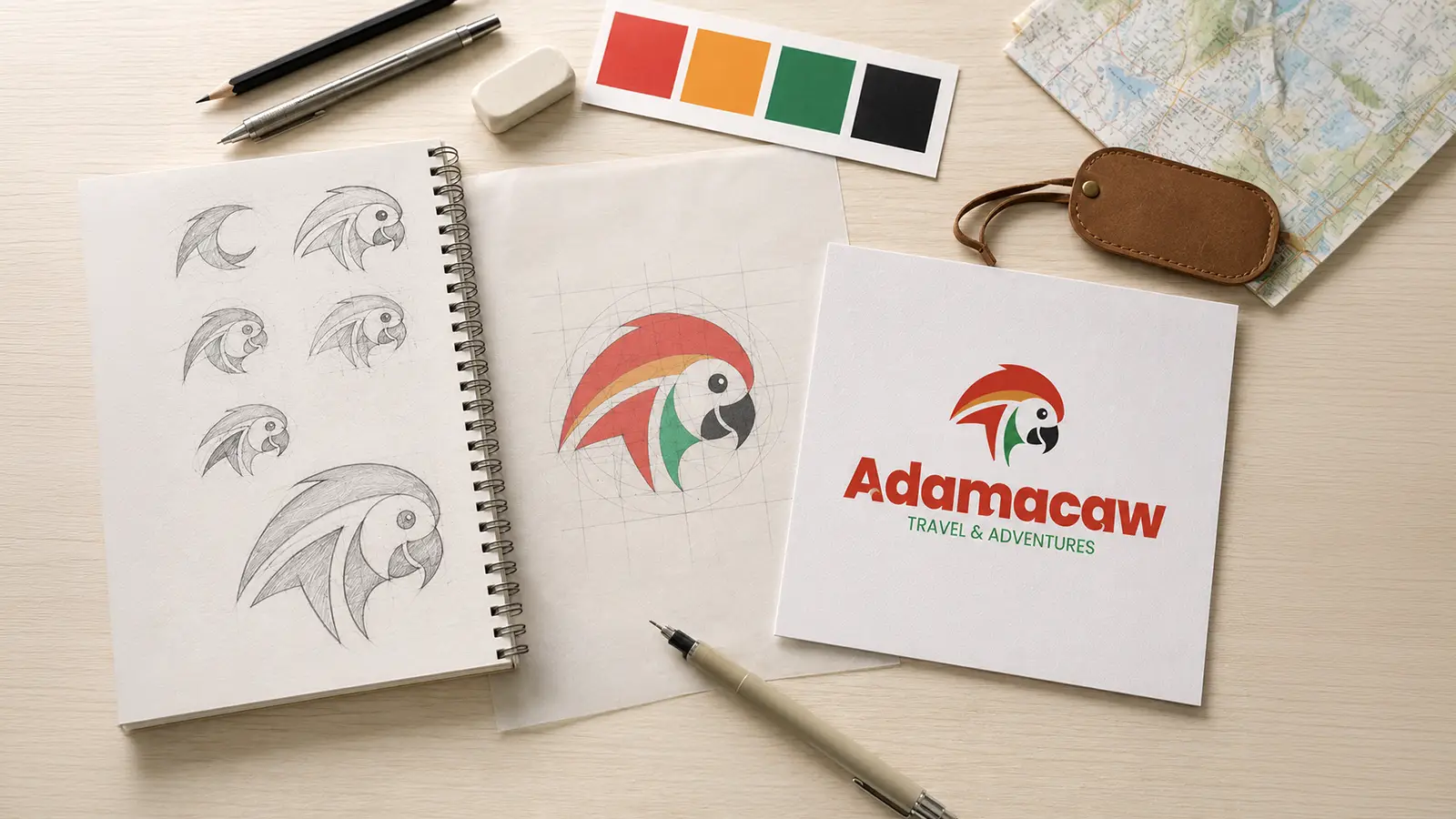 Adamacaw Travel & Adventures logo design process with macaw sketches, brand colors, and final logo presentation.