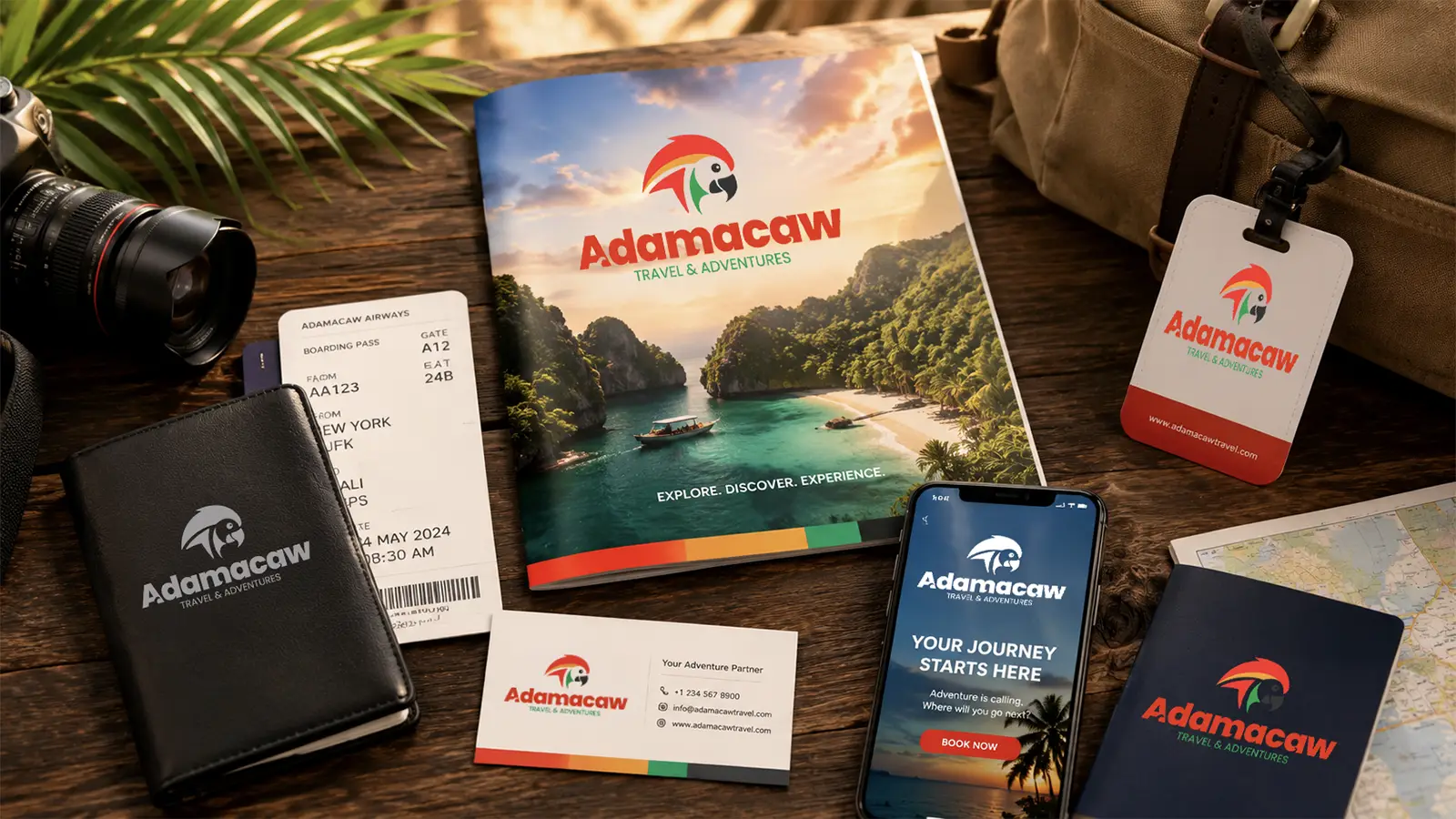 Adamacaw Travel & Adventures branding mockup featuring a brochure, passport, luggage tag, business card, phone screen, and travel documents on a rustic table