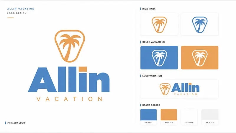 Allin Vacation logo design presentation showcasing custom travel brand identity concepts, color palette exploration, typography selection, and professional branding mockups created by Vectorio Graphics for a vacation and travel business.