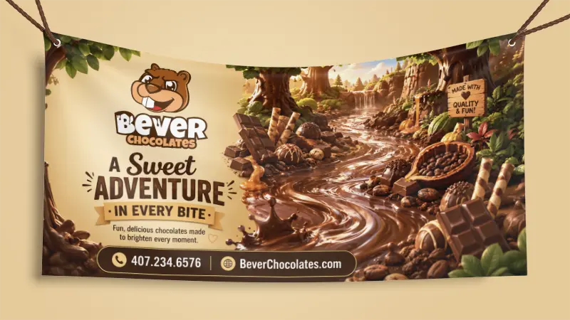 Bever Chocolates promotional banner design featuring a cartoon beaver logo, the tagline “A Sweet Adventure in Every Bite,” and a whimsical chocolate river forest scene with cocoa beans, wafers, and chocolate pieces.