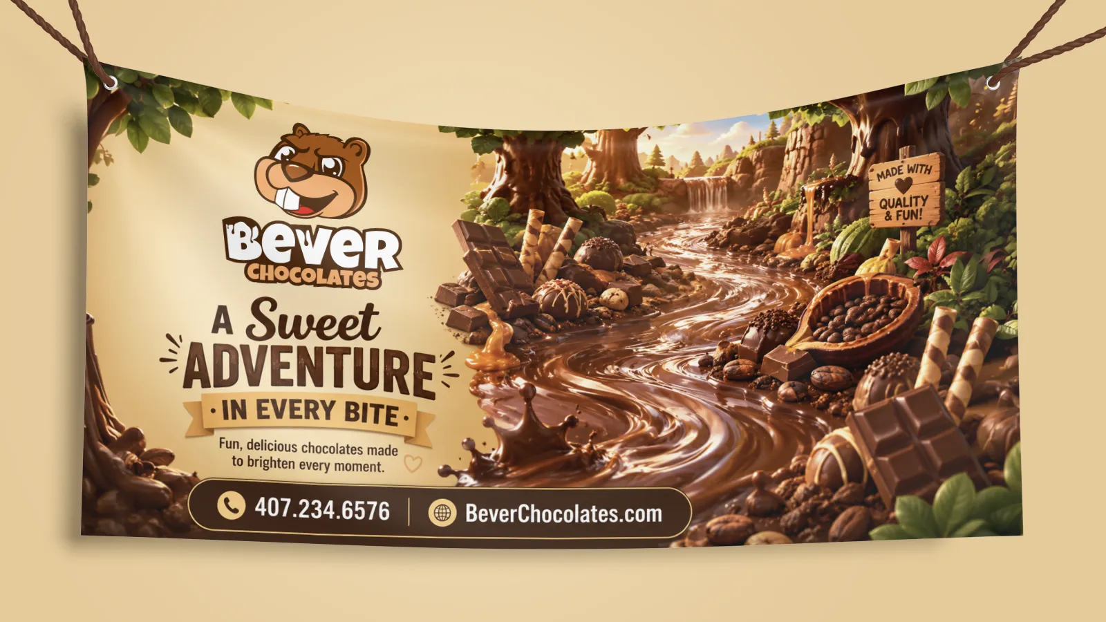 Bever Chocolates Banner Bever Chocolates promotional banner design featuring a cartoon beaver logo, the tagline “A Sweet Adventure in Every Bite,” and a whimsical chocolate river forest scene with cocoa beans, wafers, and chocolate pieces.