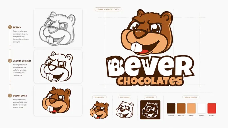 Bever Chocolates promotional banner design featuring a cartoon beaver logo, the tagline “A Sweet Adventure in Every Bite,” and a whimsical chocolate river forest scene with cocoa beans, wafers, and chocolate pieces.