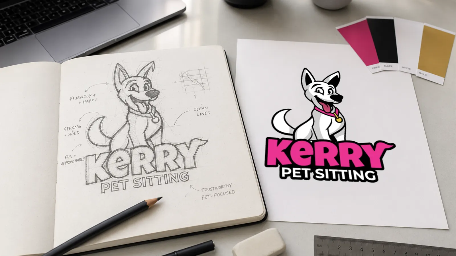 Logo design process for Kerry Pet Sitting: transitioning a hand-drawn dog sketch into a digital vector brand identity by Vectorio Graphics.