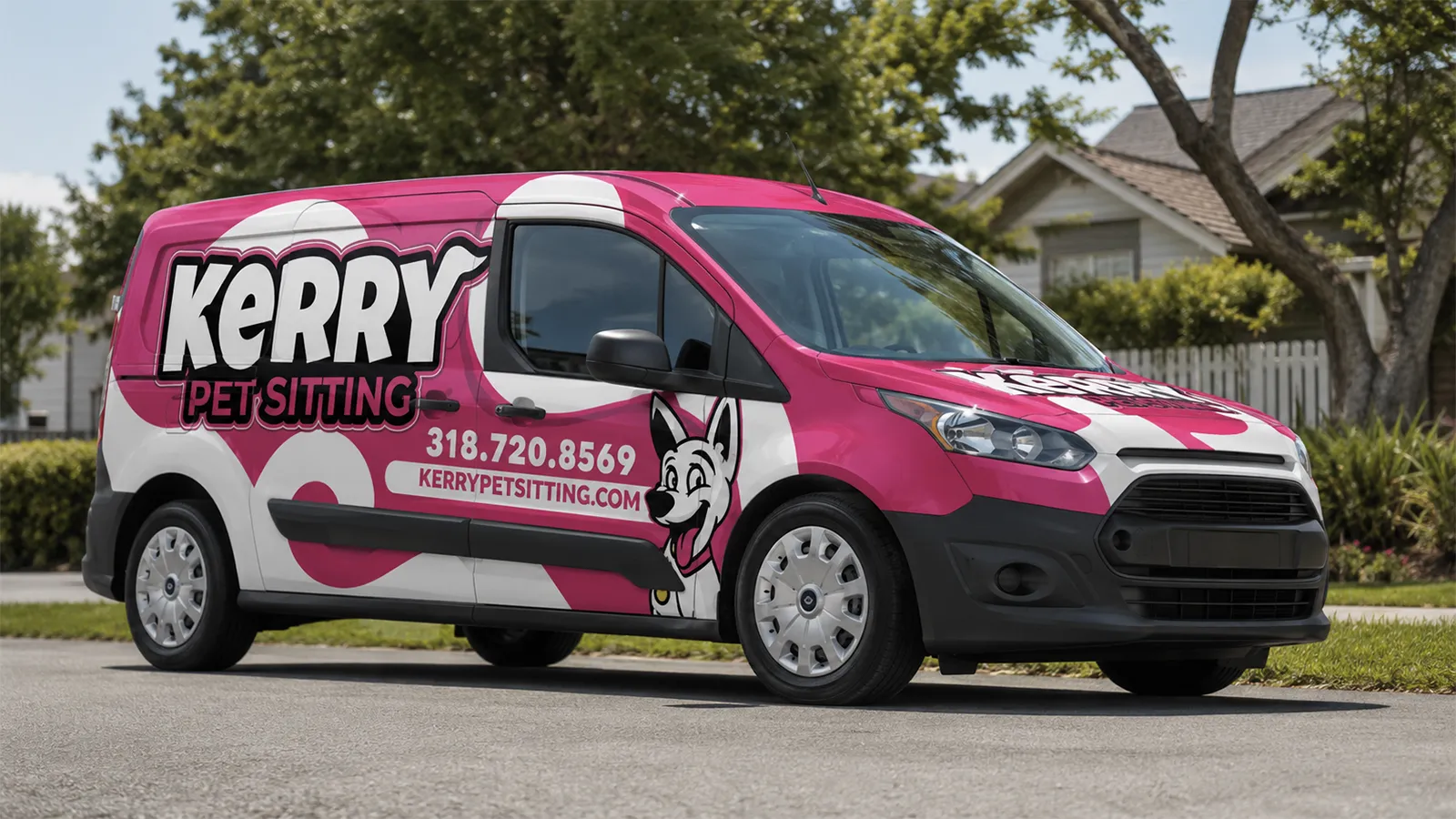 Custom commercial vehicle wrap design by Vectorio Graphics featuring bright pink and white vinyl, a vector dog mascot, and bold typography for a pet sitting van.