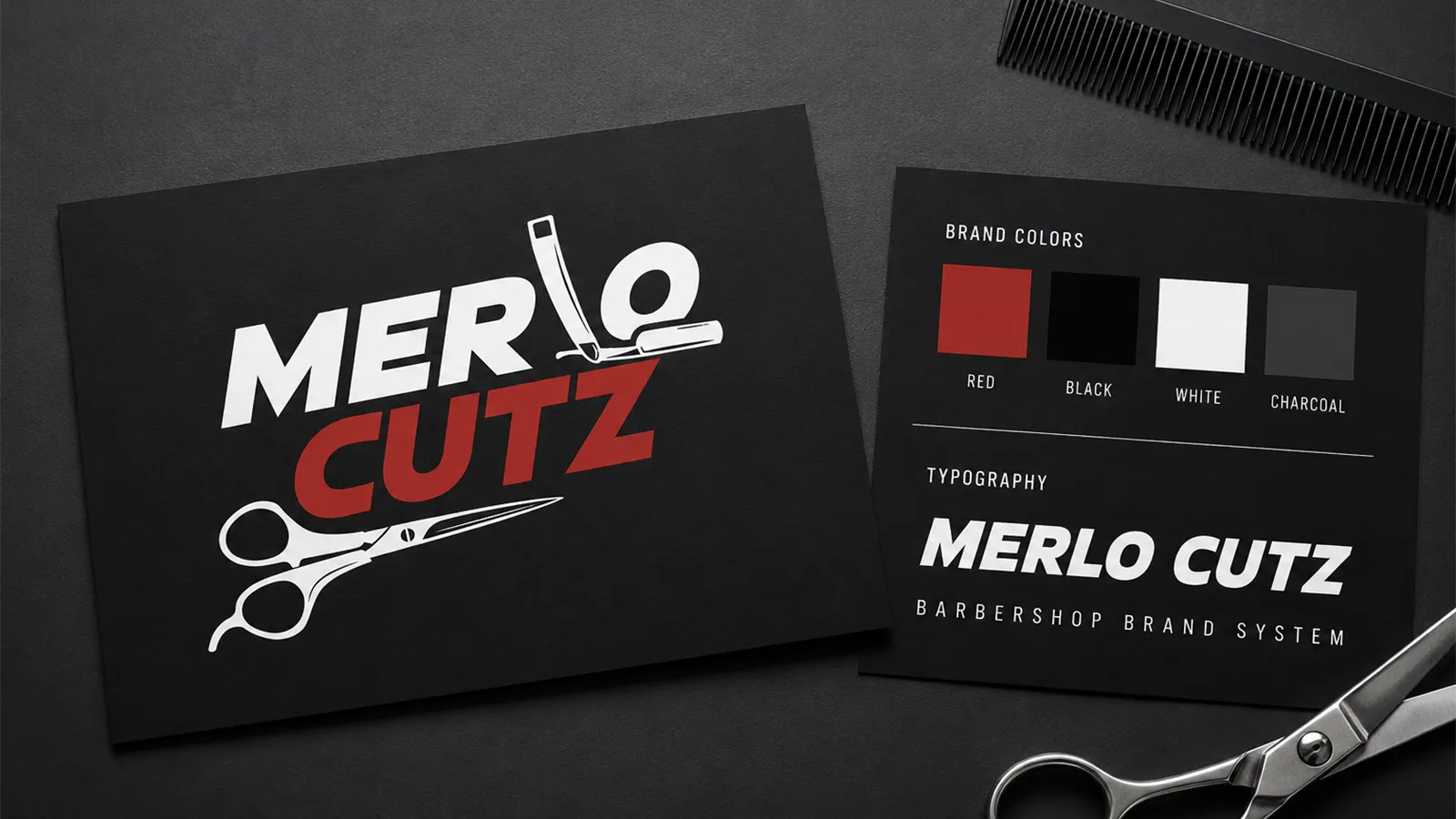 Merlo Cutz barbershop brand identity design featuring a bold red, black, and white logo, typography, color palette, scissors, razor, and comb on a dark background
