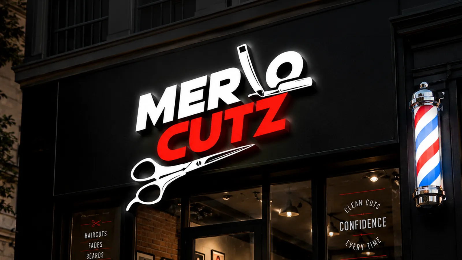 Barbershop uniform mockup showing a bearded, tattooed barber wearing a custom black apron printed with the 'Merlo Cutz' logo, with professional shears and combs resting in the leather pockets.