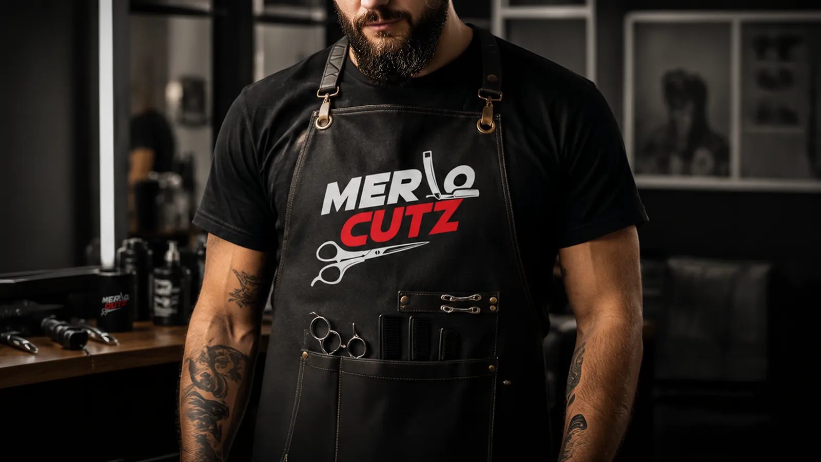 Barbershop uniform mockup showing a bearded, tattooed barber wearing a custom black apron printed with the 'Merlo Cutz' logo, with professional shears and combs resting in the leather pockets.