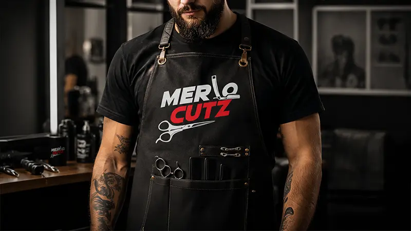 Barbershop uniform mockup showing a bearded, tattooed barber wearing a custom black apron printed with the 'Merlo Cutz' logo, with professional shears and combs resting in the leather pockets.