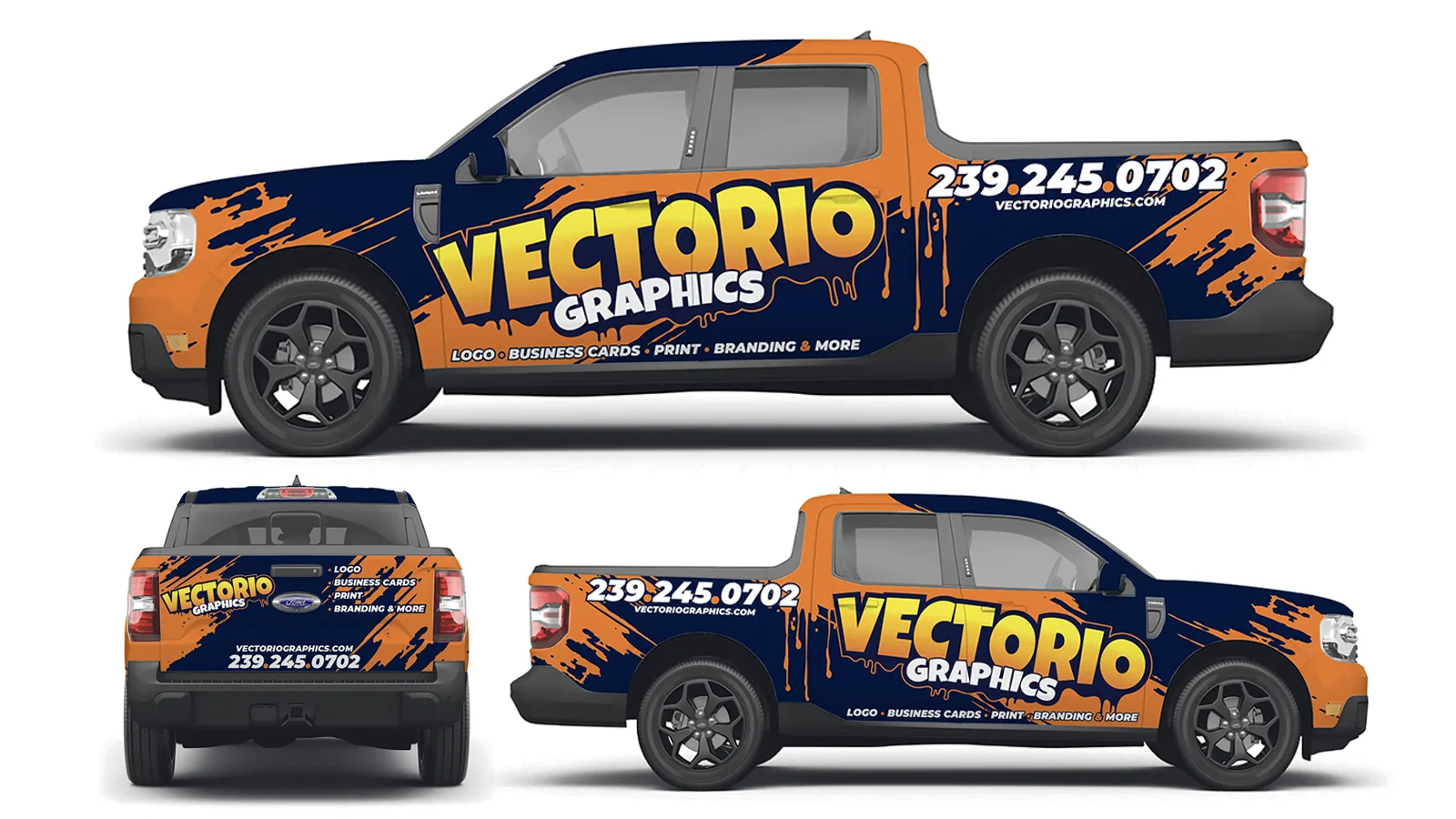Vectorio Graphics custom vehicle wrap design shown on multiple views of a Ford Maverick truck