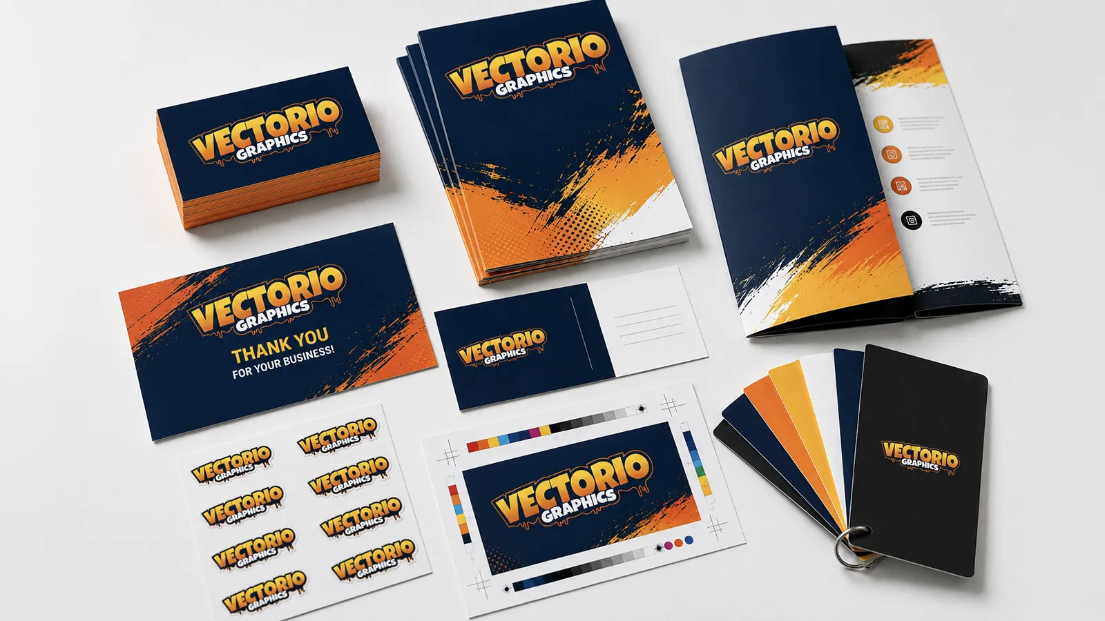 Vectorio Graphics branded print design materials including business cards, brochures, postcards, stickers, and color swatches.