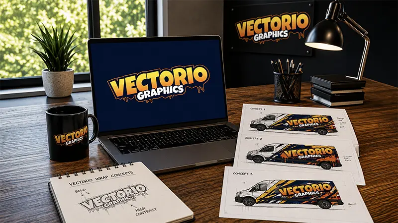 Vectorio Graphics branding mockup displayed on a laptop, coffee mug, and vehicle wrap design concepts on a modern desk workspace