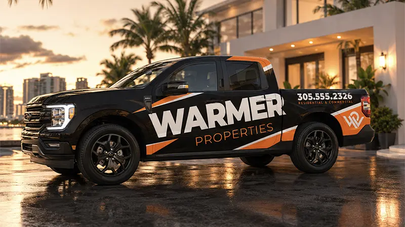 Warmer Properties Wrap Mockup 2 MOBILE Warmer Properties black and orange pickup truck vehicle wrap design parked near a luxury waterfront property at sunset.