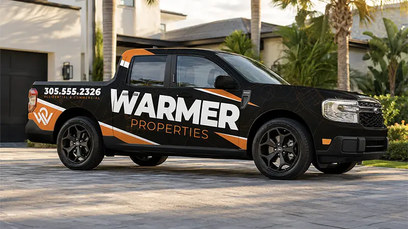 Warmer Properties Wrap Mockup 3 MOBILE Warmer Properties pickup truck wrap design with bold black, white, and orange branding parked in a residential driveway.